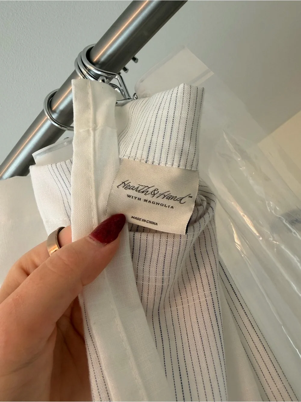 Hearth & Hand White Shower Curtain with Thin Navy Pinstripes